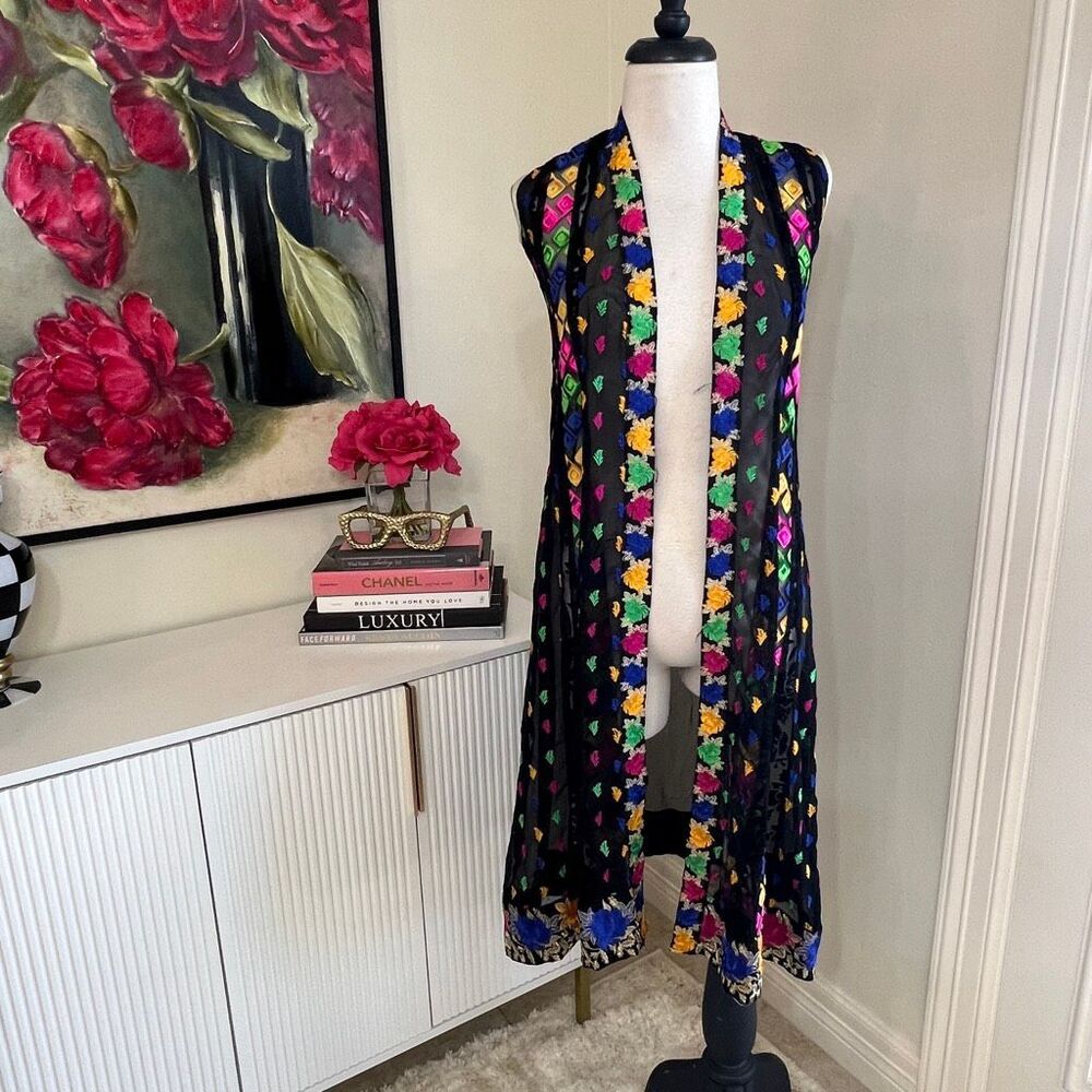 Women's Embroidered Floral Geo Open Front Sheer Duster Vest Multicolor XS